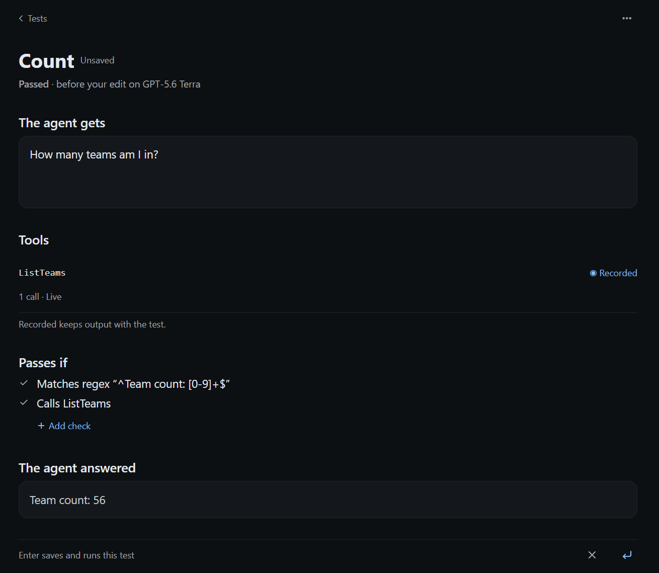 Test detail with an unsaved Recorded selection and a prior result labelled one live call