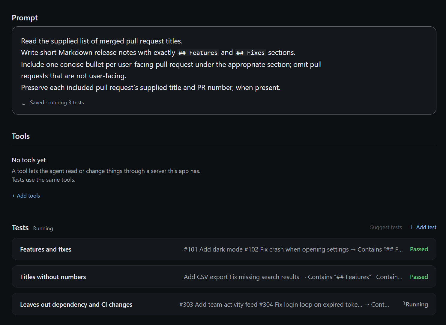 The release-notes prompt and tests during a run, with two tests passed and the third running