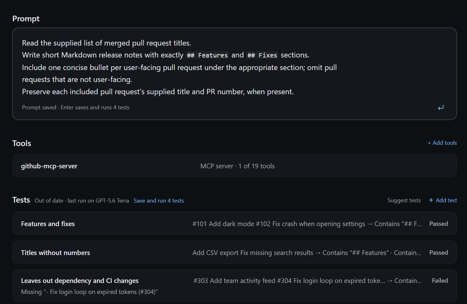 Tools section showing one selected tool from the GitHub MCP server, with earlier test results marked out of date